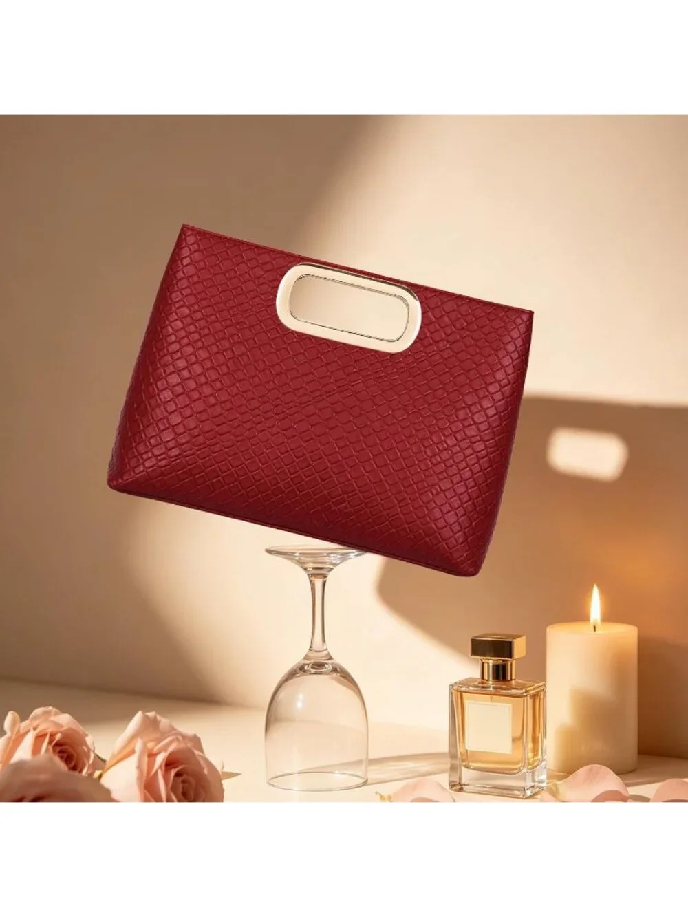 Womens Burgundy Clutch Handbag Modern Faux Leather with Metal Handle Evening Bag